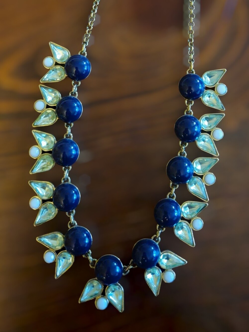 J. Crew Navy Blue Bead Necklace with Iridescent Teardrop Accents